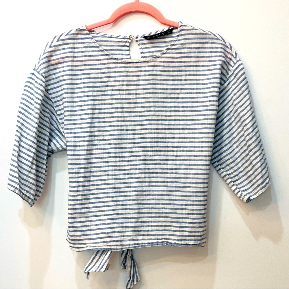 Zara blue white striped blouse top with tie size small